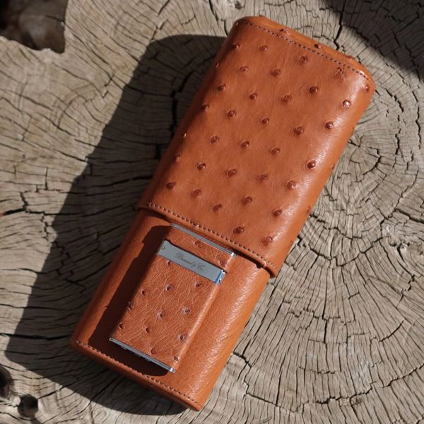 The Show Band 3 Cigar Case - Ostrich Cognac