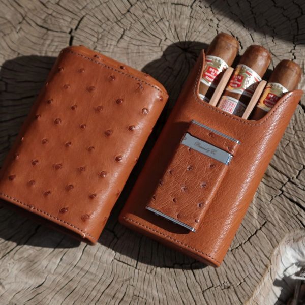 The Show Band 3 Cigar Case - Ostrich Cognac