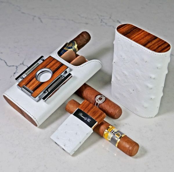 The Show Band 3 Cigar Case - White Ostrich Leather and Rosewood