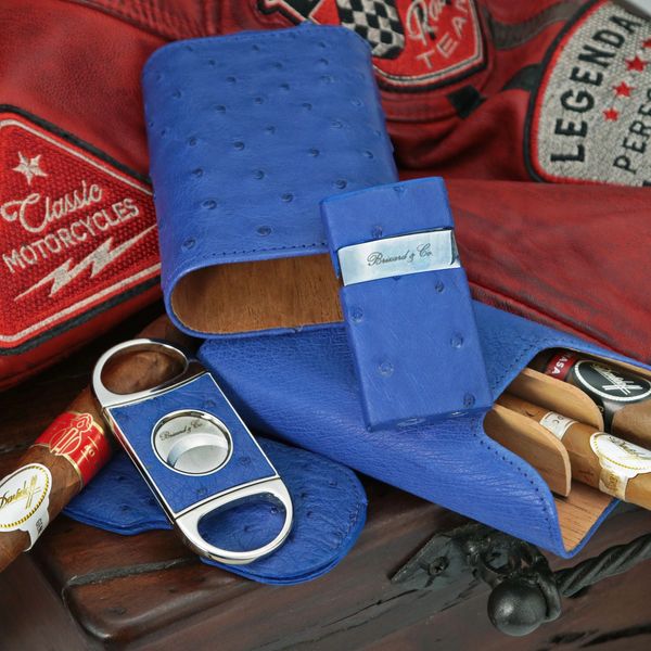 Ostrich Leather 2 Finger Evening Cigar Case in Presidential Blue