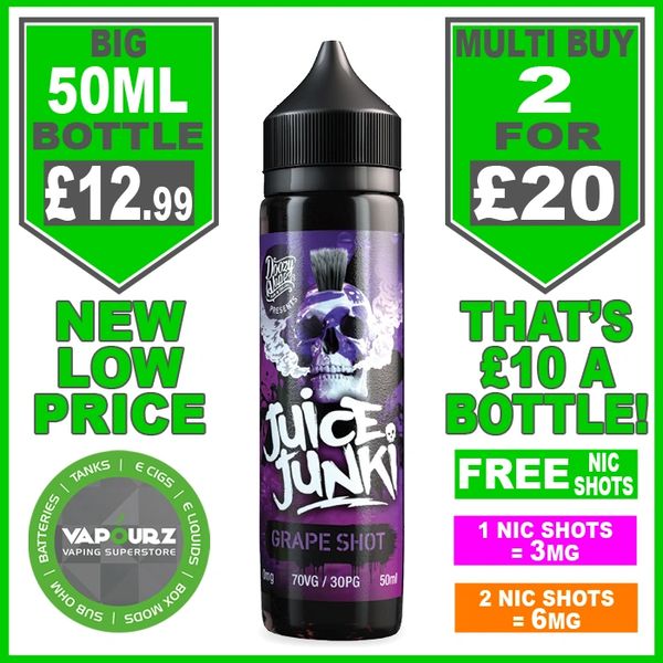 Juice Junkie Grape Shot 50ml + Free Nic Shots Vapourz ecigarettes, e