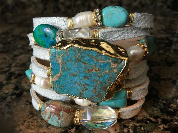 artisan leather cuff with gemstones, pearls, druzy drusy bracelet ...