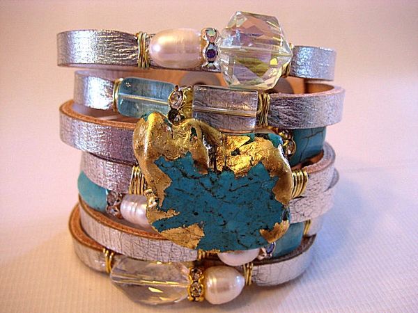 artisan leather cuff with gemstones, pearls, turquoise bracelet | Suzy ...