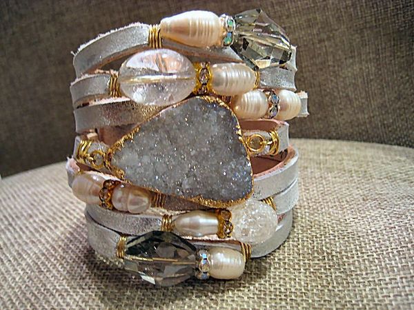 artisan leather cuff with gemstones, pearls, druzy drusy bracelet ...