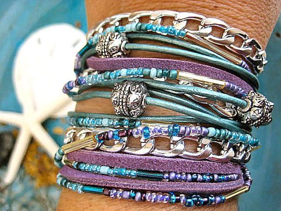 Silver and Leather Beaded Wrap Bracelet - Sukhothai Sky