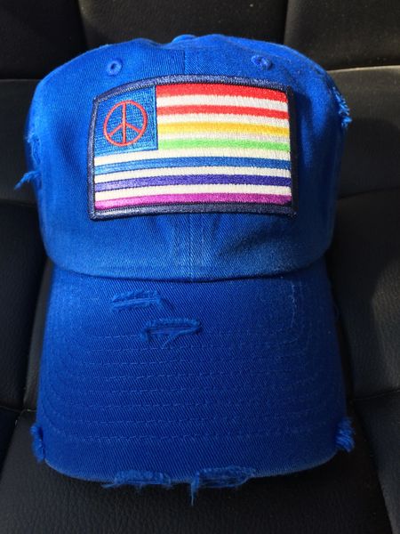 Hat with, "RAINBOW FLAG AND PEACE SYMBOL," embroidered patch