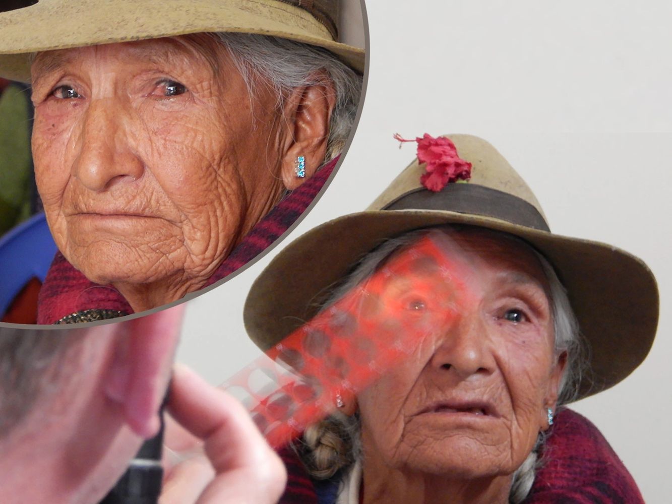 Elderly Peruvian woman during an eye exam at a clinic
