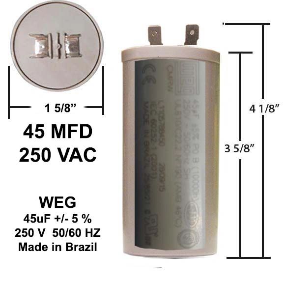 WEG 45 MFD 250 VAC Motor Run Capacitor