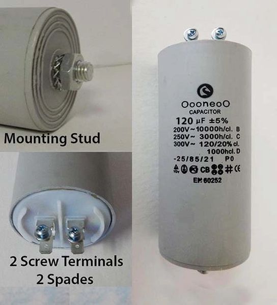 120 MFD 250 Volt air compressor capacitor w/ mounting stud