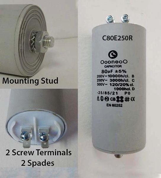 80 MFD 250 Volt Air Compressor Capacitor w/ mounting stud