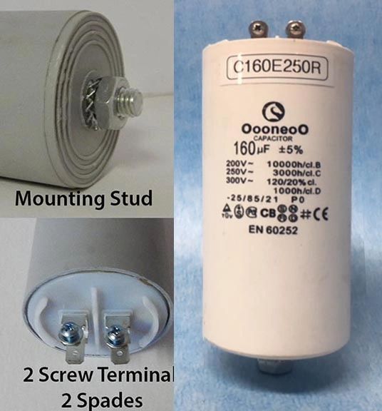 160 MFD 250 VAC Air Compressor capacitor w/ mounting stud