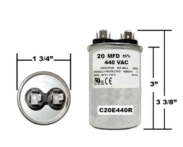 20 MFD 440 VAC Round Run Capacitor