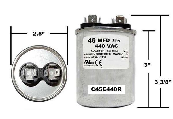 45 MFD 440VAC Round Run Capacitor