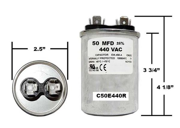 50 MFD 440 VAC Round Run Capacitor