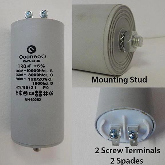 130 MFD 250 VAC Air Compressor capacitor w/mounting stud