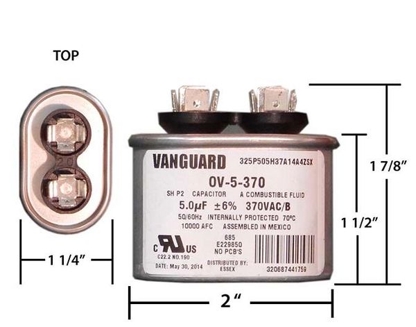 5 MFD 370 VAC Oval Motor Run Capacitor