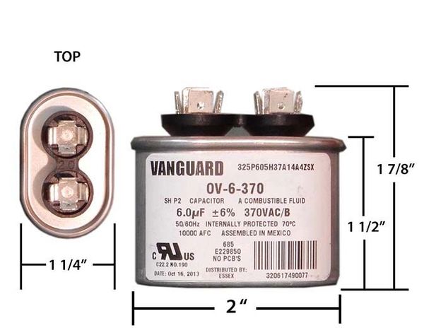 6 MFD 370 VAC Oval Motor Run Capacitor