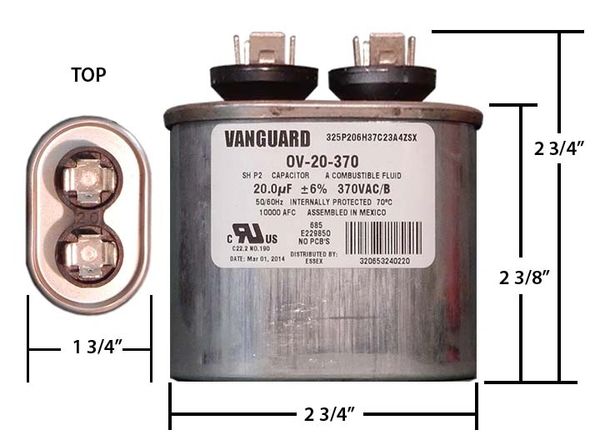 20 MFD 370 VAC Oval Motor Run Capacitor