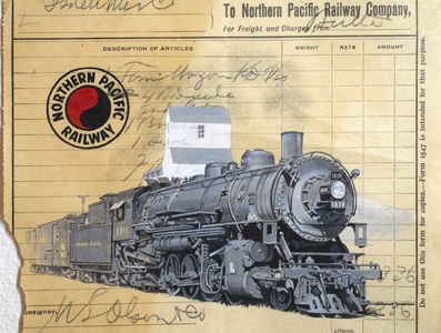 Painting of a Great Northern Railway steam engine on an antique railroad document.