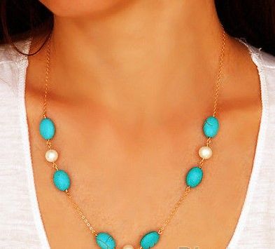 Bohemia Turquoise White Pearl Gold Chain Necklace