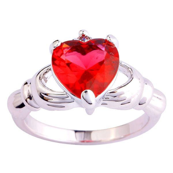 Claddagh Ring Heart Cut Red Tourmaline Gemstone Silver Ring Size 8.5