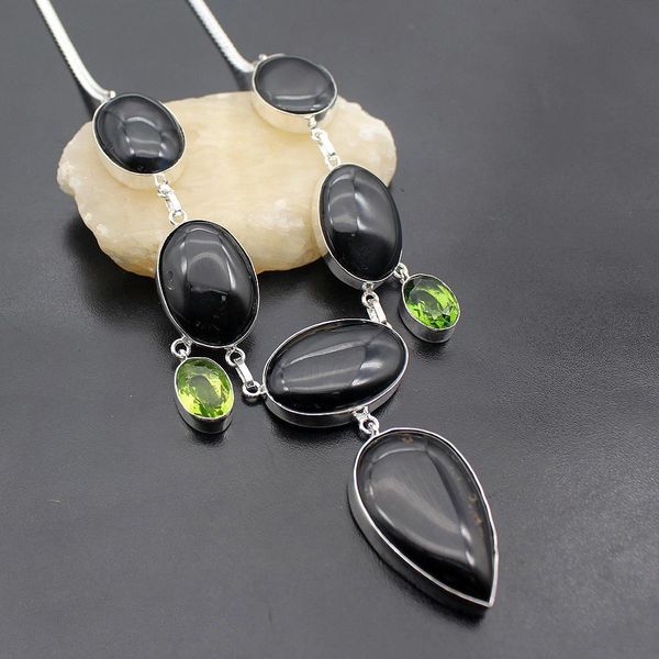 Natural Black Onyx Peridot 925 Sterling Silver Necklace 20"