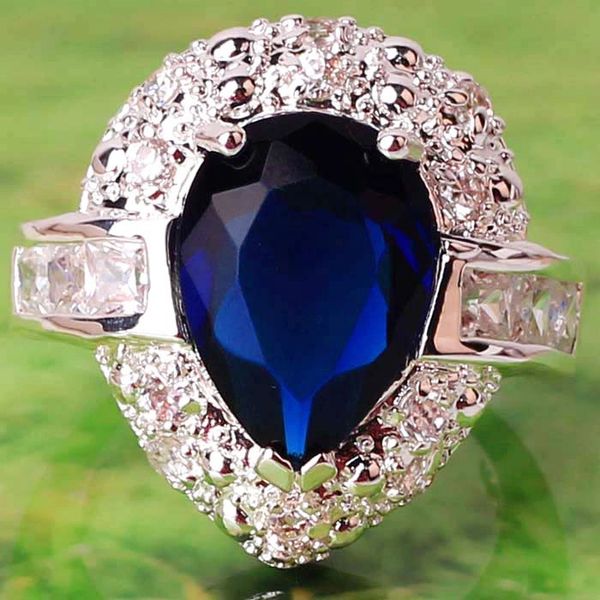Sapphire Quartz White Topaz Gemstone Silver Ring Size 7.5