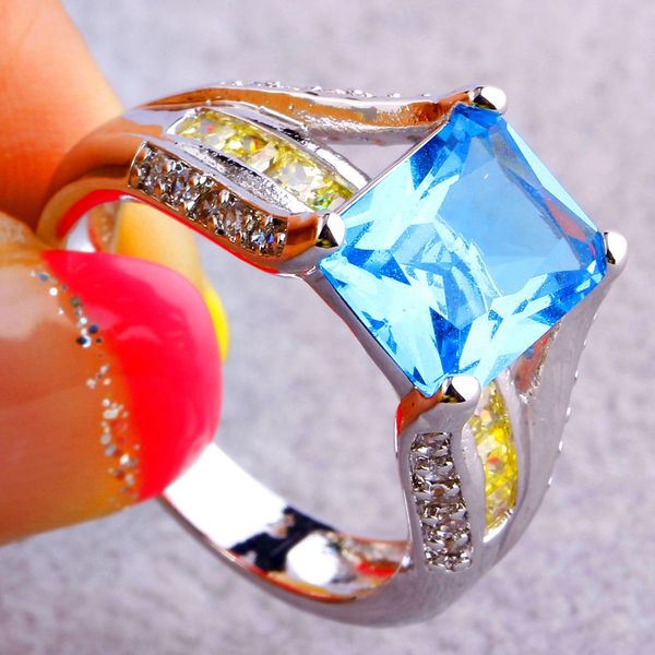 Emerald & Round Cut Blue & White Topaz Citrine Gemstone Silver Ring Size 7
