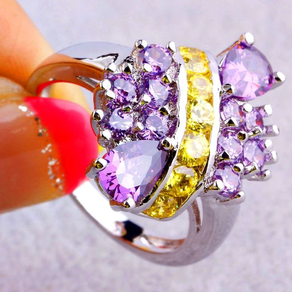 Water-Drop & Round Cut Citrine & Amethyst Gemstones Silver Ring Size 9.5