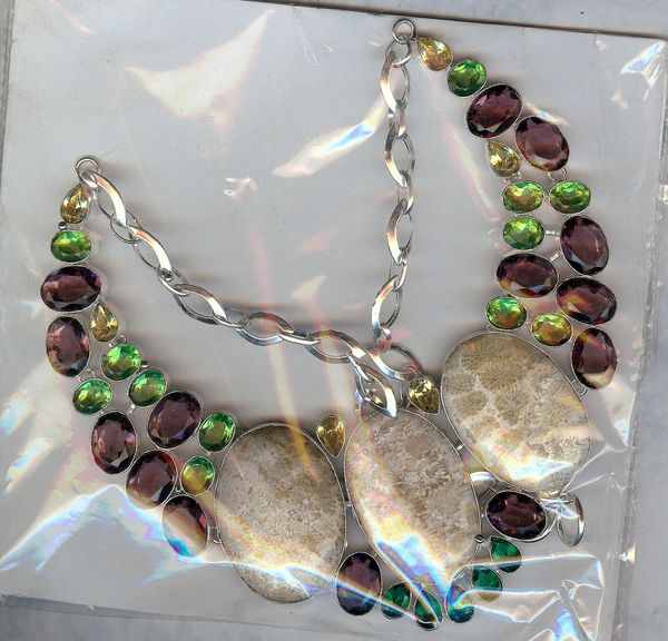 Handmade 925 Silver Polka-dot Agate Peridot Quartz Necklace 18"