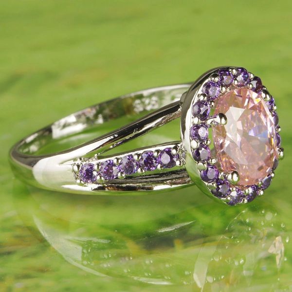 Oval & Round Cut Pink Topaz & Amethyst Silver Ring Size 9