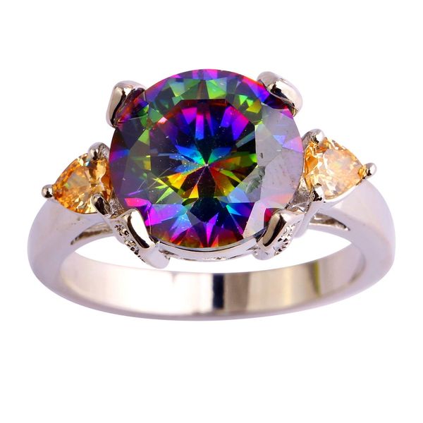 Round Cut Mystic Topaz & Morganite Yellow Silver Ring Size 10.5