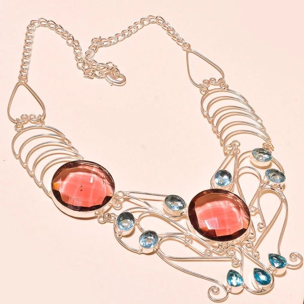 Faceted Rubellite, Swiss Blue Topaz 925 Silver Handmade Necklace 18"