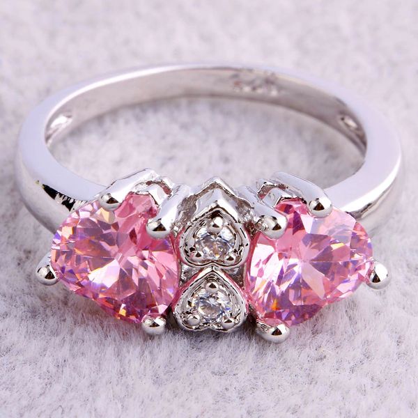 Double Heart Cut Pink & White Topaz Gemstone Silver Ring