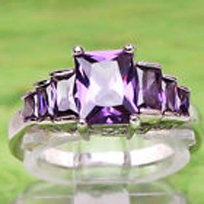 Square Cut Amethyst Gemstone Silver Ring Size 7.25