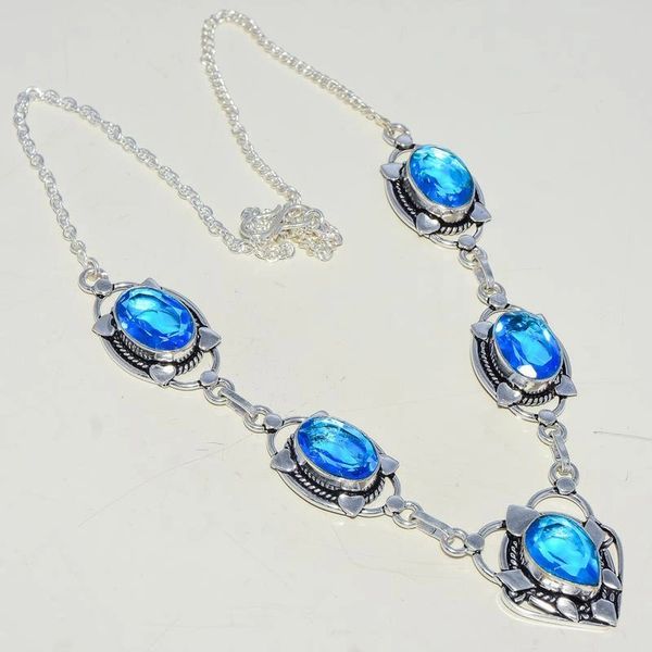 HANDMADE FACETED SWISS BLUE TOPAZ GEMSTONE NECKLACE 17-18"