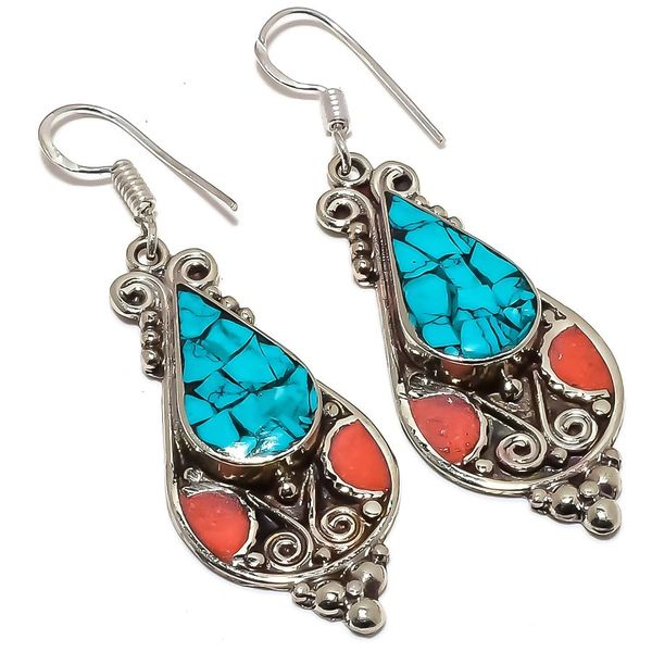 Turquoise, Coral Gemstone Handmade 925 Silver Earring 2.5"