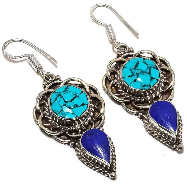 Turquoise, Lapis Lazuli Gemstones in Handmade Sterling Silver Earrings 2.5"