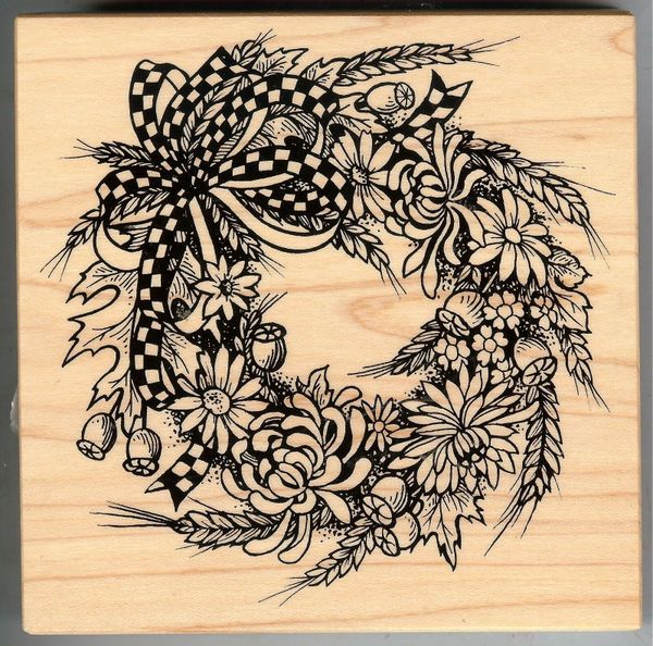 PSX Rubber Stamp K-1555 Rare Wreath with Wheat Leaves & Flowers S31