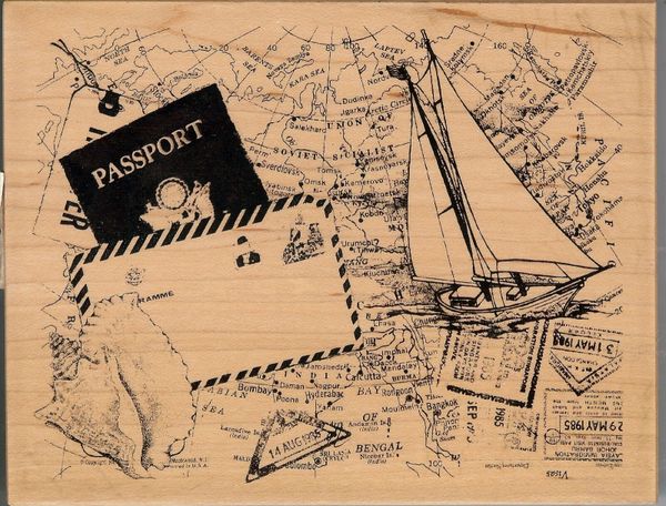 PSX Rubber Stamp Rare K-3116 Montage Travel Collage, Boat, Map, B1