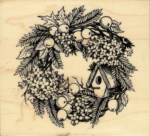 PSX Rubber Stamp K-1593 Rare Wreath with Birdhouse Leaves & Flowers S31