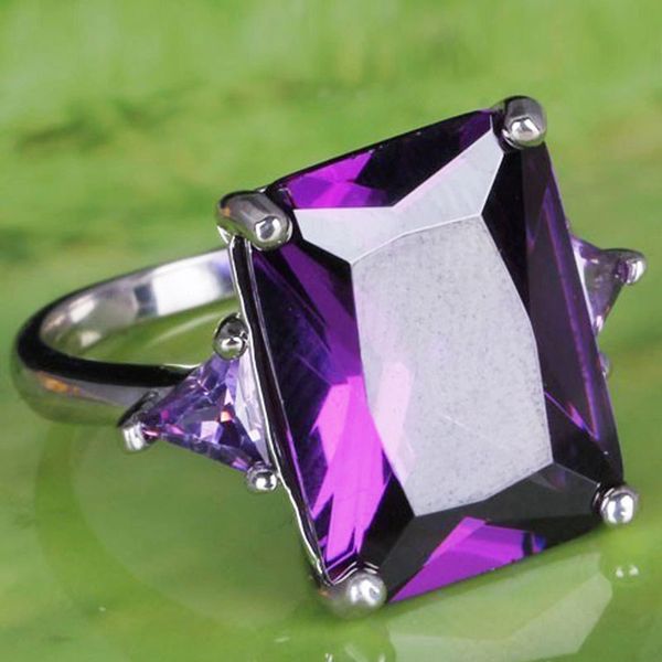 Square Cut Amethyst Gemstones Silver Ring