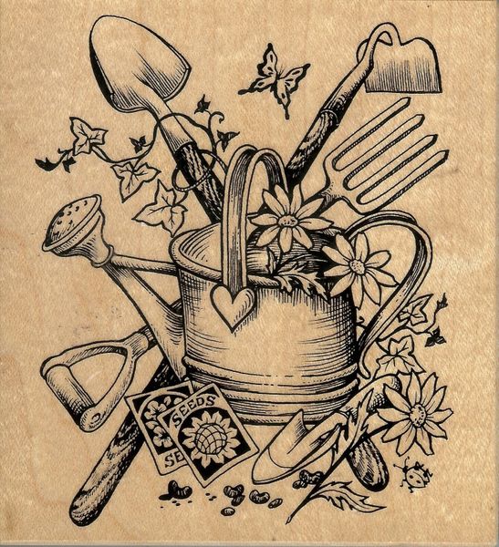 PSX Rubber Stamp K-1629 Garden Tools and flowers B3