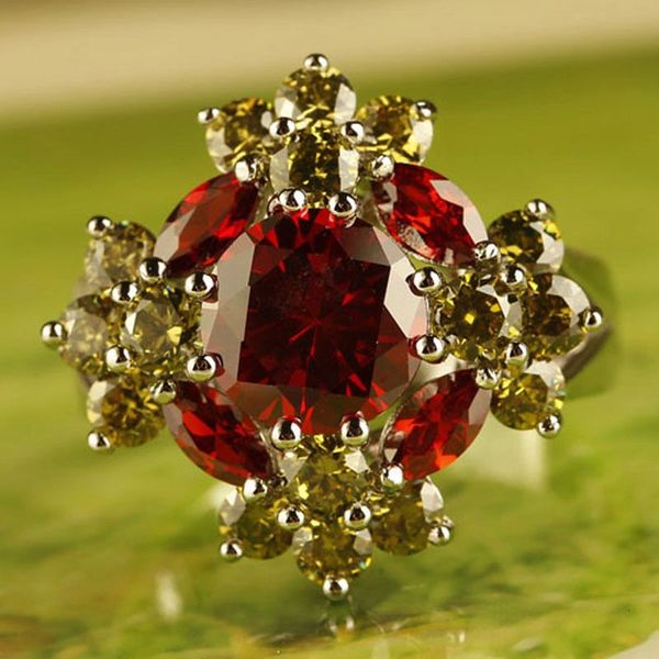 Round Cut Red Tourmaline Peridot Gemstone Ring Size 9