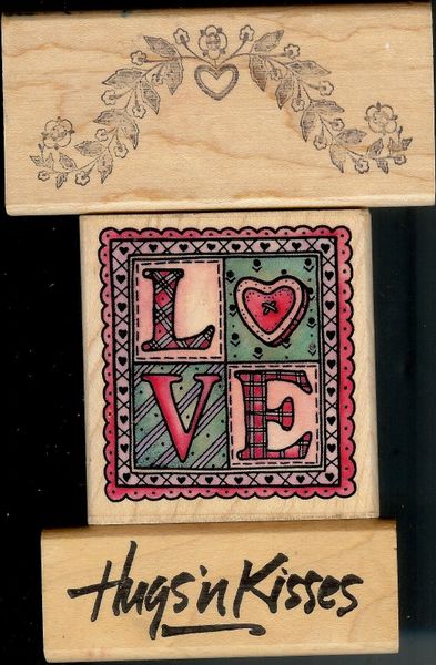 Lot of 3 Rubber Stamp Sayings Love, Hugs'n Kisses & Heart Swag S42
