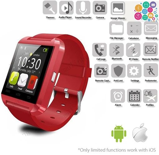 With Retail Box Smart Watch for Smartphones iOS Apple iPhone, Samsung, & ALL Androids -RED