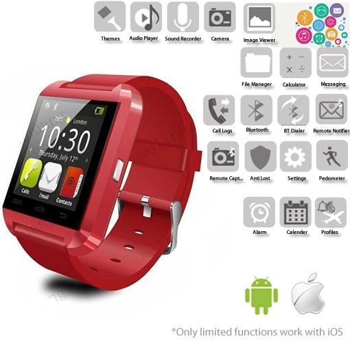 With Retail Box Smart Watch for Smartphones iOS Apple iPhone Samsung ALL Androids RED