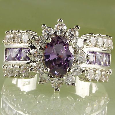 Oval Cut Amethyst & White Topaz Gemstone Silver Women's Ring Size 9.5