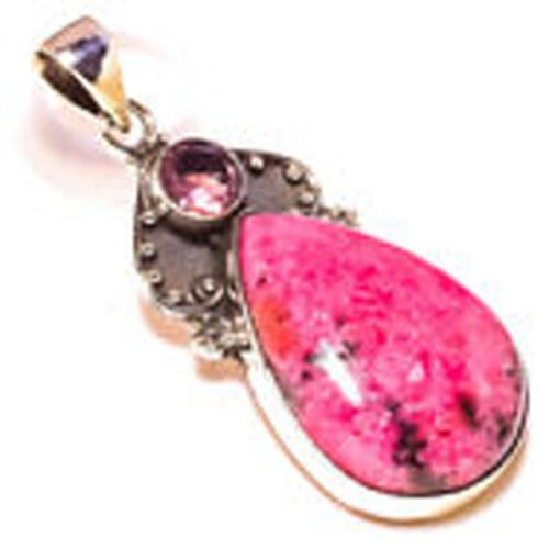 Rhodonite & Pink Tourmaline Handmade Gemstone Pendant & Sterling Silver Chain D1