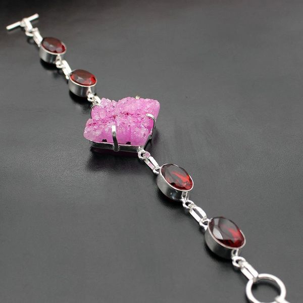 Pink Drusy Druzy Red Garnet Cute 925 Sterling Silver Chain Bracelet